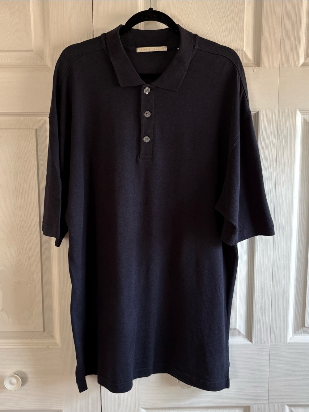 Perry Ellis Linen Cotton Polo L Dark Blue Knit Casual  Preppy Career Cruise Soft